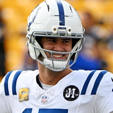 Nov 2, 2025; Pittsburgh, Pennsylvania, USA; Indianapolis Colts quarterback Daniel Jones (17) warms up before the game against the Pittsburgh Steelers at Acrisure Stadium. Mandatory Credit: Barry Reeger-Imagn Images