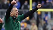 Nov 29, 2025; Pittsburgh, Pennsylvania, USA;  Miami Hurricanes head coach Mario Cristobal reacts after a touchdown against the Pittsburgh Panthers during the third quarter at Acrisure Stadium. Mandatory Credit: Charles LeClaire-Imagn Images