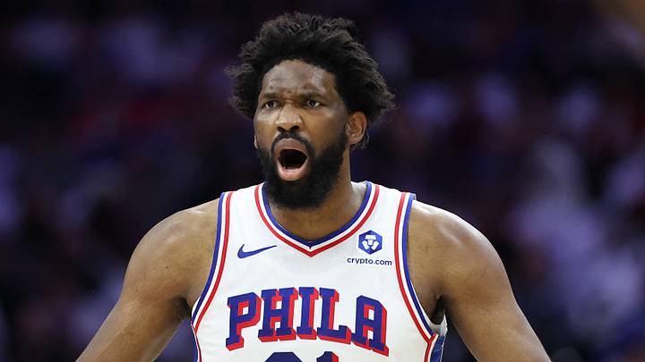 May 8, 2026; Philadelphia, Pennsylvania, USA; Philadelphia 76ers center Joel Embiid (21) reacts to a play against the New York Knicks during the first quarter of game three of the second round of the 2026 NBA Playoffs at Xfinity Mobile Arena. Mandatory Credit: Bill Streicher-Imagn Images