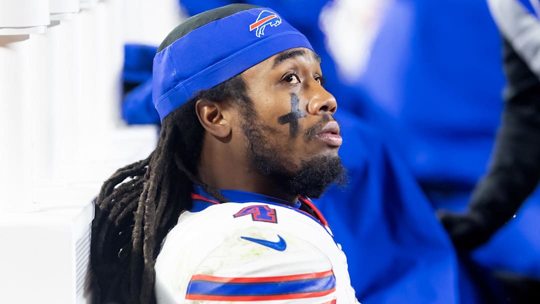 Jan 26, 2025; Kansas City, MO, USA; Buffalo Bills running back James Cook (4) reacts in the closing minutes of the game against the Kansas City Chiefs during the AFC Championship game at GEHA Field at Arrowhead Stadium. Mandatory Credit: Mark J. Rebilas-Imagn Images