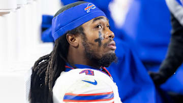 Jan 26, 2025; Kansas City, MO, USA; Buffalo Bills running back James Cook (4) reacts in the closing minutes of the game against the Kansas City Chiefs during the AFC Championship game at GEHA Field at Arrowhead Stadium. Mandatory Credit: Mark J. Rebilas-Imagn Images