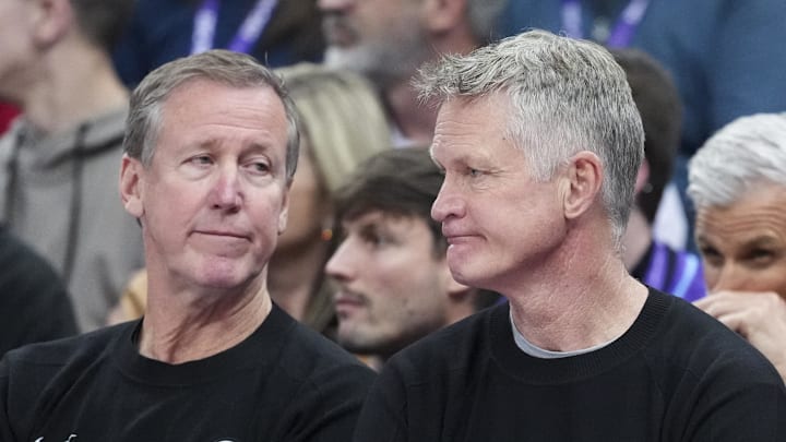 Mar 9, 2026; Salt Lake City, Utah, USA; Golden State Warriors head coach Steve Kerr reacts on the bench in the the second quarter at Delta Center.  Mandatory Credit: Gabriel Mayberry-Imagn Images