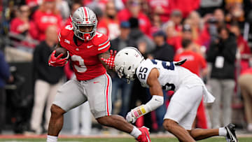 Oct 21, 2023; Columbus, Ohio, USA; Ohio State Buckeyes running back Miyan Williams (3) runs past
