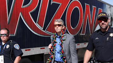 Oct 12, 2024; Provo, Utah, USA; Arizona Wildcats head coach Brent Brennan arrives before the game against the Brigham Young Cougars at LaVell Edwards Stadium. Mandatory Credit: Rob Gray-Imagn Images