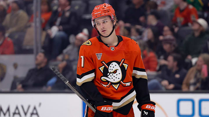 Mar 14, 2025; Anaheim, California, USA; Anaheim Ducks center Trevor Zegras (11) skates against the Nashville Predators during the third period at Honda Center. Mandatory Credit: Ryan Sun-Imagn Images