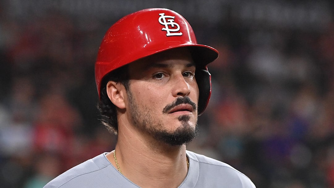 Jul 18, 2025; Phoenix, Arizona, USA; St. Louis Cardinals third base Nolan Arenado (28) looks on in the first inning against the Arizona Diamondbacks at Chase Field. Mandatory Credit: Matt Kartozian-Imagn Images