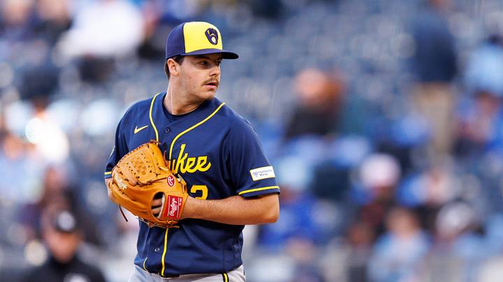 Apr 4, 2026; Kansas City, Missouri, USA; Milwaukee Brewers pitcher Logan Henderson (43) pitches during the first inning against the Kansas City Royals  at Kauffman Stadium. Mandatory Credit: William Purnell-Imagn Images