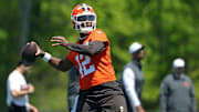 Cleveland Browns quarterback Shedeur Sanders (12) throws during NFL rookie minicamp at the Cleveland Browns training facility on Friday, May 9, 2025, in Berea, Ohio.