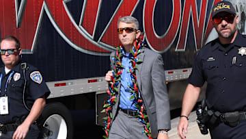 Oct 12, 2024; Provo, Utah, USA; Arizona Wildcats head coach Brent Brennan arrives before the game against the Brigham Young Cougars at LaVell Edwards Stadium. Mandatory Credit: Rob Gray-Imagn Images