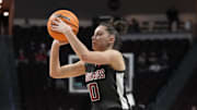 March 10, 2025; Las Vegas, NV, USA; Washington State Cougars guard Eleonora Villa (10) shoots the basketball against the Portland Pilots during the second half in the semifinal of the West Coast Conference tournament at Orleans Arena. Mandatory Credit: Kyle Terada-Imagn Images