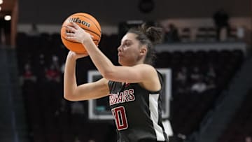 March 10, 2025; Las Vegas, NV, USA; Washington State Cougars guard Eleonora Villa (10) shoots the basketball against the Portland Pilots during the second half in the semifinal of the West Coast Conference tournament at Orleans Arena. Mandatory Credit: Kyle Terada-Imagn Images