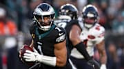 Nov 28, 2025; Philadelphia, Pennsylvania, USA; Philadelphia Eagles quarterback Jalen Hurts (1) looks to pass the ball against the Chicago Bears during the second quarter of the game at Lincoln Financial Field. Mandatory Credit: Bill Streicher-Imagn Images