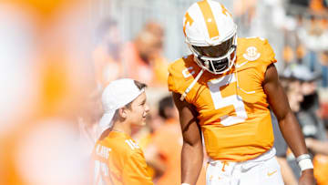 Tennessee quarterback Hendon Hooker (5) shakes hands with Peyton Manning's son Marshall Manning before Tennessee's game against Alabama in Neyland Stadium in Knoxville, Tenn., on Saturday, Oct. 15, 2022.

Kns Ut Bama Football Vol Walk Bp