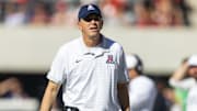 Nov 8, 2025; Tucson, Arizona, USA; Arizona Wildcats head coach Brent Brennan against the Kansas Jayhawks in the second half at Arizona Stadium. Mandatory Credit: Mark J. Rebilas-Imagn Images