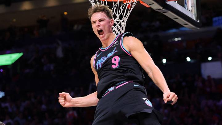 Miami Heat guard Pelle Larsson (9) reacts after a dunk  (Mandatory Credit: Sam Navarro-Imagn Images)