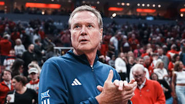 Kansas Jayhawks coach Bill Self during the exhibition basketball game with the Louisville Cardinals at the KFC Yum! Center in Louisville, Kentucky Friday, October 24, 2025.