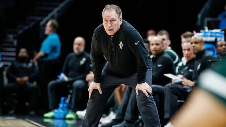 Michigan State head coach Tom Izzo watches a play against Mississippi State during the first half of NCAA tournament West Region first round at Spectrum Center in Charlotte, N.C. on Thursday, March 21, 2024.