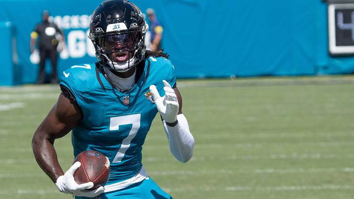 Jacksonville Jaguars wide receiver Brian Thomas Jr. (7) runs up field during a touchdown run during the first quarter in an NFL football game at EverBank Stadium, Sunday, Oct. 12, 2025, in Jacksonville, Fla. 