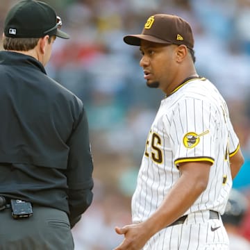 San Diego Padres relief pitcher Wandy Peralta was called for a balk  against the Boston Red Sox.