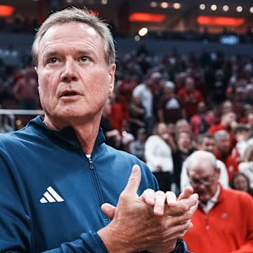 Kansas Jayhawks coach Bill Self during the exhibition basketball game with the Louisville Cardinals at the KFC Yum! Center in Louisville, Kentucky Friday, October 24, 2025.