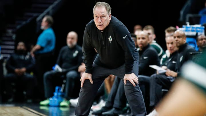 Michigan State head coach Tom Izzo watches a play against Mississippi State during the first half of NCAA tournament West Region first round at Spectrum Center in Charlotte, N.C. on Thursday, March 21, 2024.