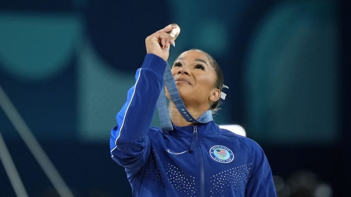 Aug 5, 2024; Paris, France; Jordan Chiles of the United States celebrates her bronze medal on the floor exercise on day three of the gymnastics event finals during the Paris 2024 Olympic Summer Games. Mandatory Credit: Jack Gruber-USA TODAY Sports