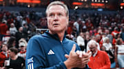 Kansas Jayhawks coach Bill Self during the exhibition basketball game with the Louisville Cardinals at the KFC Yum! Center in Louisville, Kentucky Friday, October 24, 2025.