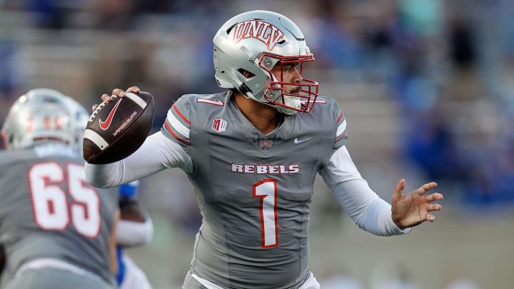 Nov 18, 2023; Colorado Springs, Colorado, USA; UNLV Rebels quarterback Jayden Maiava (1) attempts a pass in the third quarter against the Air Force Falcons at Falcon Stadium. Mandatory Credit: Isaiah J. Downing-USA TODAY Sports