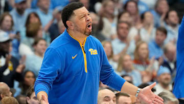 Feb 8, 2025; Chapel Hill, North Carolina, USA;  Pittsburgh Panthers head coach Jeff Capel reacts in the second half at Dean E. Smith Center. Mandatory Credit: Bob Donnan-Imagn Images