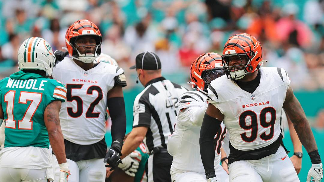Dec 21, 2025; Miami Gardens, Florida, USA; Cincinnati Bengals defensive end Myles Murphy (99) reacts after a play during the third quarter against the Miami Dolphins at Hard Rock Stadium. Mandatory Credit: Sam Navarro-Imagn Images