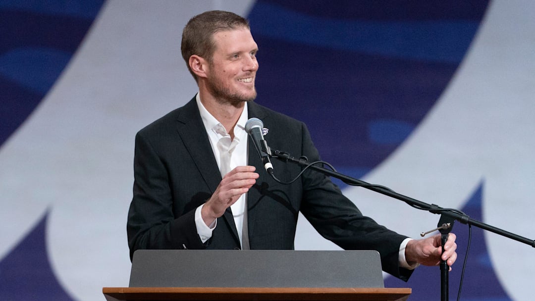 Kansas State new coach Collin Klein smiles as he makes remarks at his introduction ceremony at Morgan Family Arena on Dec. 5, 2025.