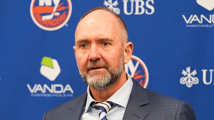 Apr 11, 2026; Elmont, New York, USA; New York Islanders head coach Peter DeBoer speaks to the media after their game against the Ottawa Senators at UBS Arena. Mandatory Credit: Alexander Wohl-Imagn Images