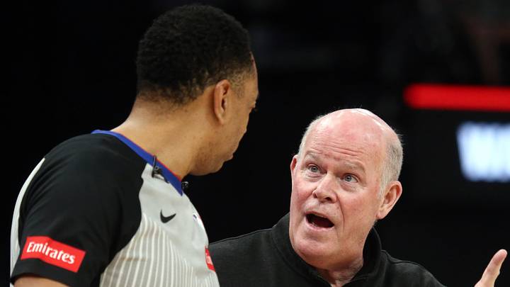 Mar 12, 2024; Memphis, Tennessee, USA; Charlotte Hornets head coach Steve Clifford (right) reacts toward an official during the second half against the Memphis Grizzlies at FedExForum. Mandatory Credit: Petre Thomas-USA TODAY Sports