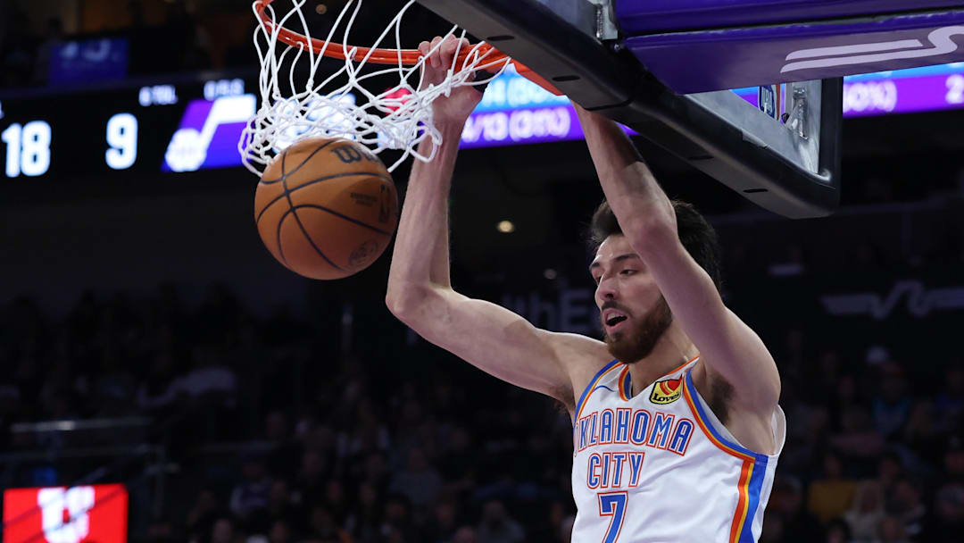 Dec 7, 2025; Salt Lake City, Utah, USA; Oklahoma City Thunder center Chet Holmgren (7) dunks against the Utah Jazz during the first half at Delta Center. Mandatory Credit: Rob Gray-Imagn Images