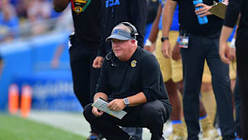 Sep 16, 2023; Pasadena, California, USA; UCLA Bruins head coach Chip Kelly watches game action against the North Carolina Central Eagles during the second half at Rose Bowl. Mandatory Credit: Gary A. Vasquez-Imagn Images
