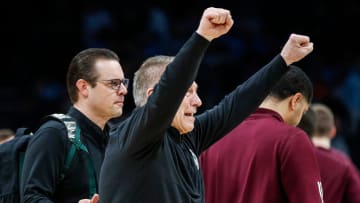 Michigan State head coach Tom Izzo celebrates the 69-51 win over Mississippi State at the NCAA tournament West Region first round at Spectrum Center in Charlotte, N.C. on Thursday, March 21, 2024.