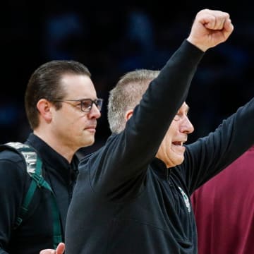 Michigan State head coach Tom Izzo celebrates the 69-51 win over Mississippi State at the NCAA tournament West Region first round at Spectrum Center in Charlotte, N.C. on Thursday, March 21, 2024.