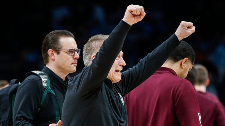 Michigan State head coach Tom Izzo celebrates the 69-51 win over Mississippi State at the NCAA tournament West Region first round at Spectrum Center in Charlotte, N.C. on Thursday, March 21, 2024.