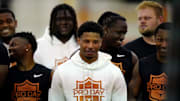 Former Longhorn Matthew Golden and his former teamates participate in Texas's pro day at the Texas Football Training Facility.
