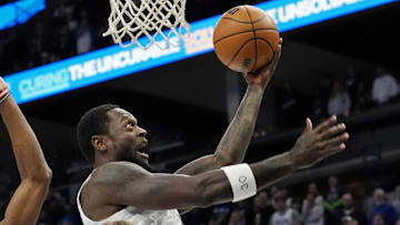 Minnesota Timberwolves forward Julius Randle goes to the basket against the New Orleans Pelicans in the first quarter at Target Center in Minneapolis on March 21, 2025.