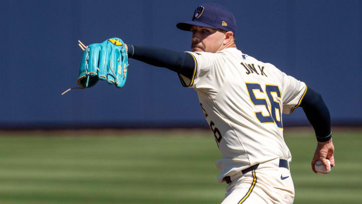 Mar 2, 2024; Phoenix, Arizona, USA; Milwaukee Brewers starting pitcher Janson Junk (56) warms up in the first during a spring training game against the Los Angeles Dodgers at American Family Fields of Phoenix