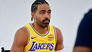 Los Angeles Lakers guard Gabe Vincent (7) during media day at UCLA Health Training Center.