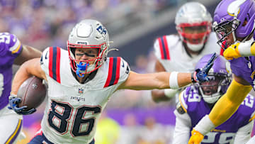 Aug 16, 2025; Minneapolis, Minnesota, USA; New England Patriots wide receiver Efton Chism III (86) runs after the catch against the Minnesota Vikings in the second quarter at U.S. Bank Stadium. Mandatory Credit: Brad Rempel-Imagn Images