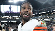 Nov 23, 2025; Paradise, Nevada, USA; Cleveland Browns quarterback Shedeur Sanders (12) reacts after the game against the Las Vegas Raiders at Allegiant Stadium. Mandatory Credit: Kirby Lee-Imagn Images