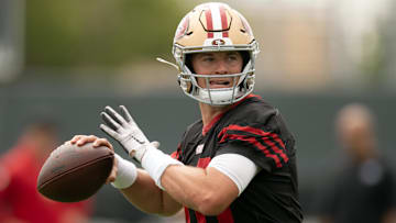 Jul 24, 2025; Santa Clara, CA, USA; San Francisco 49ers quarterback Mac Jones (10) throws a pass during drills on the second day of training camp. Mandatory Credit: D. Ross Cameron-Imagn Images