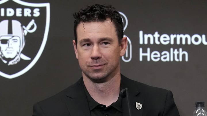 Las Vegas Raiders coach Klint Kubiak at press conference.