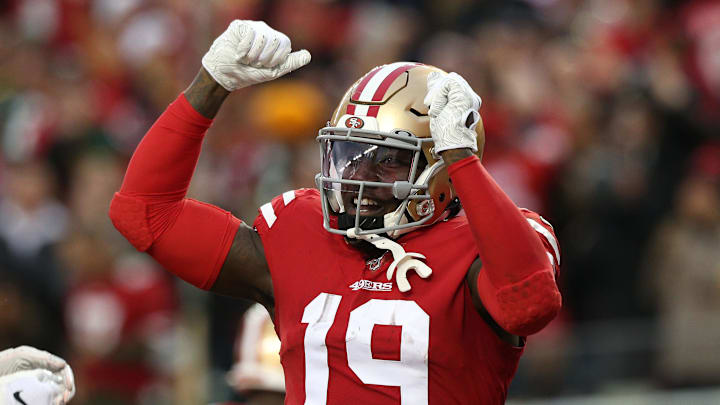 San Francisco 49ers wide receiver Deebo Samuel celebrates the touchdown scored by running back Raheem Mostert. San Francisco 49ers wide receiver Deebo Samuel celebrates the touchdown scored by running back Raheem Mostert.