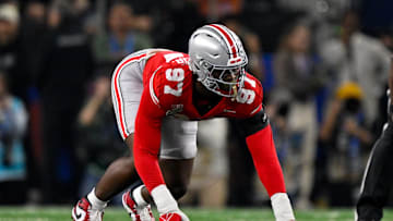 Jan 10, 2025; Arlington, TX, USA; Ohio State Buckeyes defensive end Kenyatta Jackson Jr. (97) in action during the game between the Texas Longhorns and the Ohio State Buckeyes at AT&T Stadium. Mandatory Credit: Jerome Miron-Imagn Images