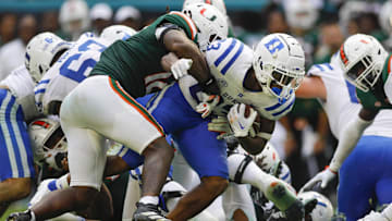 Oct 22, 2022; Miami Gardens, Florida, USA; Duke Blue Devils running back Terry Moore (23) runs with the football during the third quarter against the Miami Hurricanes at Hard Rock Stadium. Mandatory Credit: Sam Navarro-Imagn Images