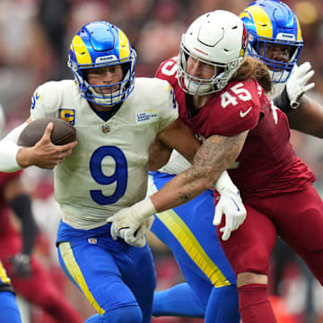 Arizona Cardinals linebacker Dennis Gardeck (45) sacks Los Angeles Rams quarterback Matthew Stafford (9) on Sept. 15, 2024, at State Farm Stadium in Glendale.